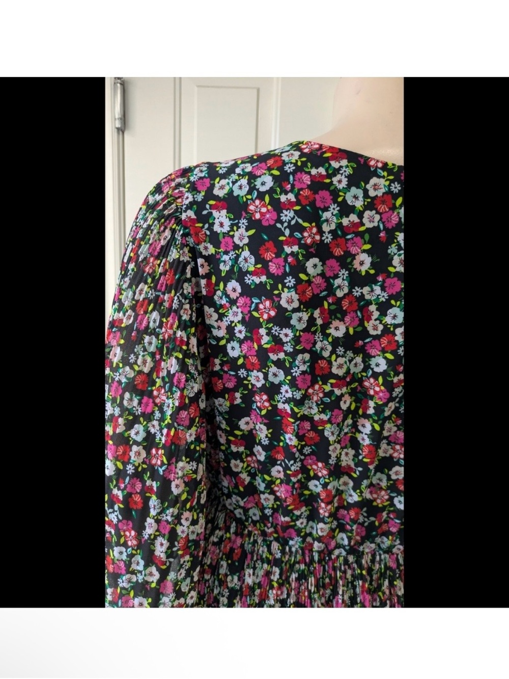 H&M Black Floral Long-Sleeve Midi Dress with Pink & Green Blooms - Picture 5 of 6